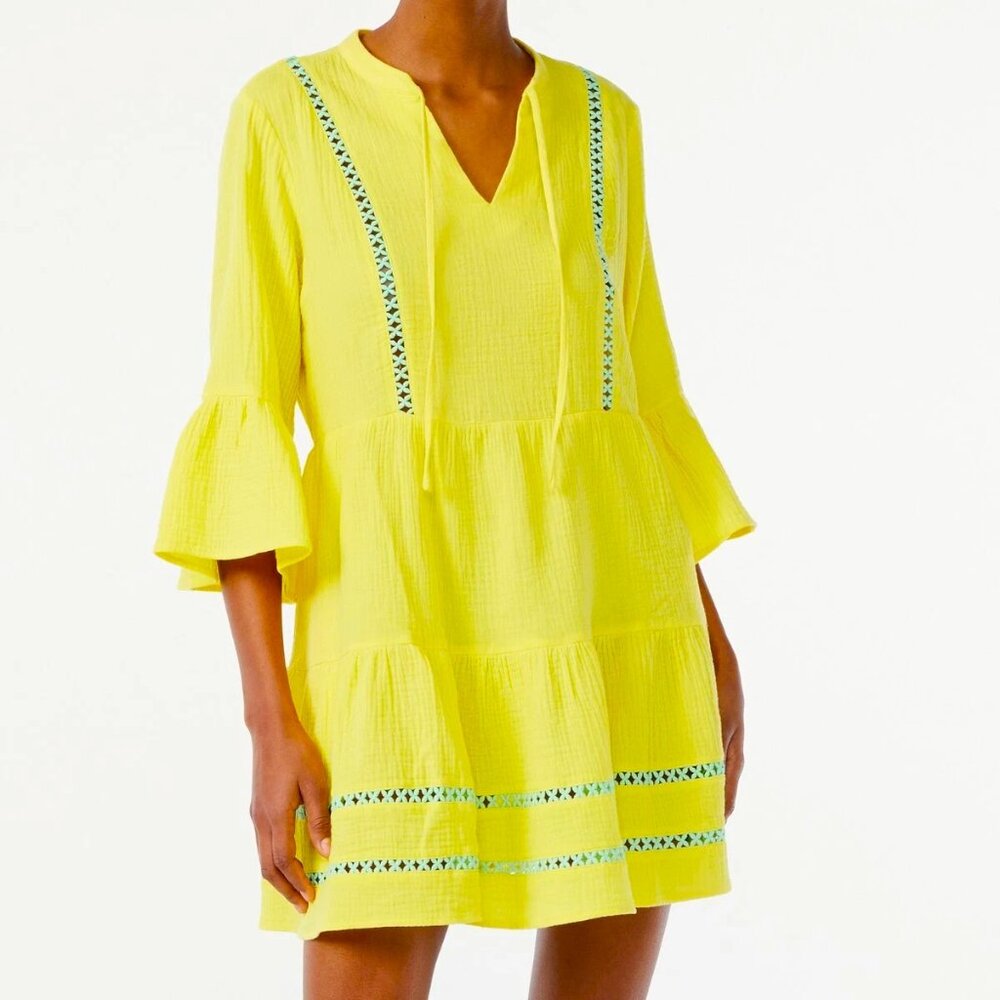 Scoop Boho Embroidered Chartreuse Yellow Dress
